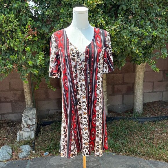 NWOT Show Me Your MuMu Red White Gold Black Patterned Dress Lace up Tassels - Picture 1 of 7